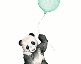 art nursery, mint nursery print, mint balloons, mint green wall art, mint baby shower, panda nursery print, panda bear illustration