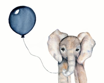 nursery art, boy's print, elephant illustration, boy's nursery decor, baby boy nursery, navy balloon, elephant watercolor, boy's room