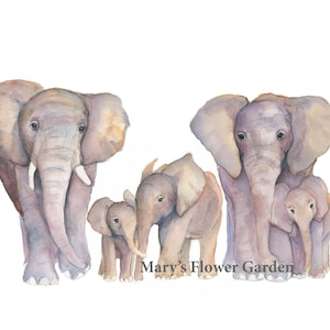 elephant herd watercolor, gray nursery decor, family of five, personalized family name gifts, African elephant family, nursery decor