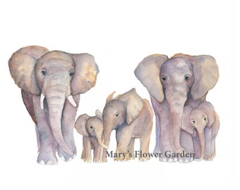 elephant herd watercolor, gray nursery decor, family of five, personalized family name gifts, African elephant family, nursery decor