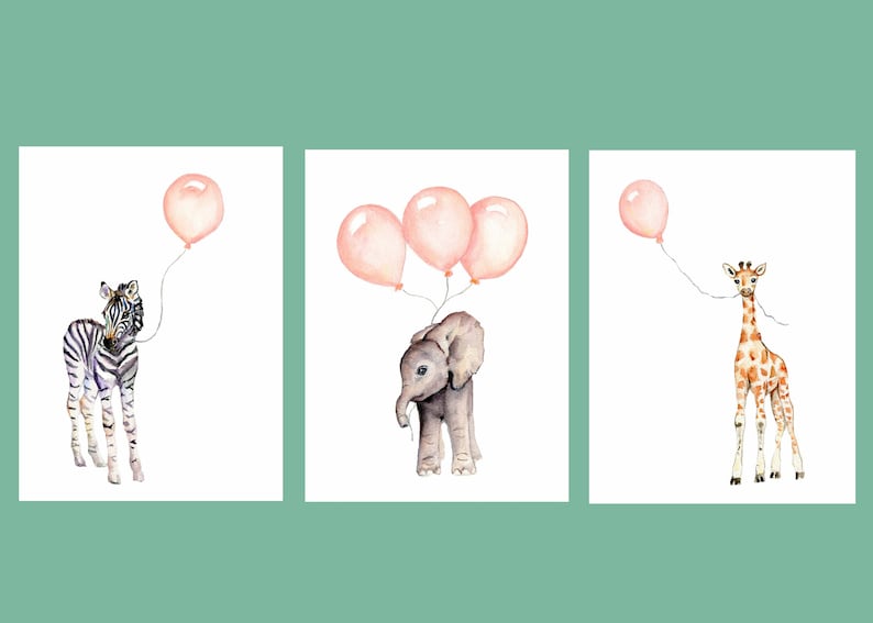 Puede incluir: Tres ilustraciones de acuarela de animales beb&eacute;s sosteniendo globos rosas. Una cebra, un elefante y una jirafa.
