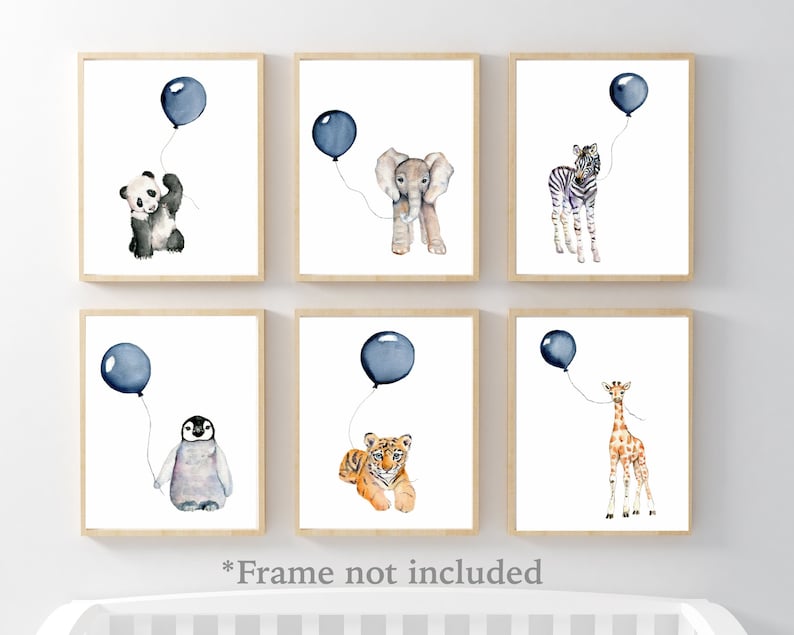 baby nursery decor, Navy nursery, boys wall art, baby boy nursery, watercolor prints, baby animal art, safari nursery image 1