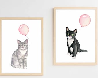 kitten watercolor nursery prints, set of two, tuxedo kitten, tabby kitten print