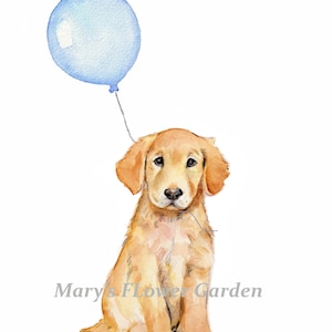 puppy dog nursery art, golden retriever prints, pastel blue boys room decor, golden retriever art, golden retriever nursery image 2