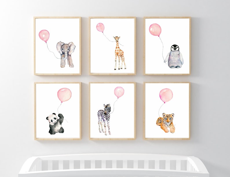 May include: Six watercolor illustrations of animals holding pink balloons. The animals are an elephant, giraffe, penguin, panda, zebra, and tiger.