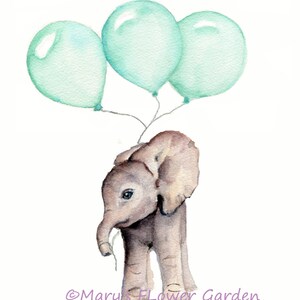 Elephant print, nursery wall art, mint nursery decor, elephant with balloon, gender neutral nursery, kids wall prints, 8 X 10 inch print