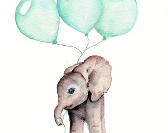 Elephant print, nursery wall art, mint nursery decor, elephant with balloon, gender neutral nursery, kids wall prints, 8 X 10 inch print