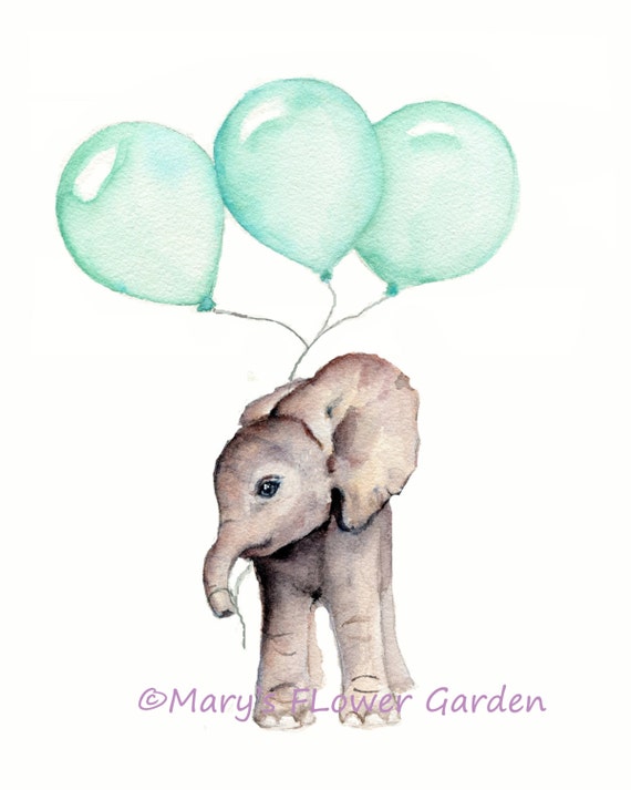 Elephant print, nursery wall art, mint nursery decor, elephant with balloon, gender neutral nursery, kids wall prints, 8 X 10 inch print