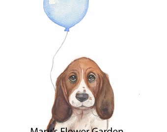 basset hound puppy watercolor, dog art for nursery, basset hound painting, dog with balloons, boys nursery art, canine paintings