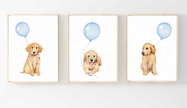 puppy dog nursery art, golden retriever prints, pastel blue boys room decor, golden retriever art, golden retriever nursery image 1