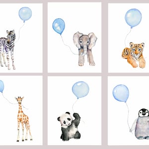 May include: Six watercolor illustrations of baby animals with blue balloons. The animals are a zebra, elephant, tiger, giraffe, panda, and penguin.