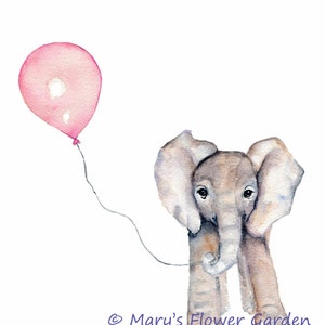 May include: A watercolor painting of a gray elephant holding a pink balloon. The elephant is looking at the viewer with its large ears and trunk. The text "&copy; Mary's Flower Garden" is at the bottom of the image.