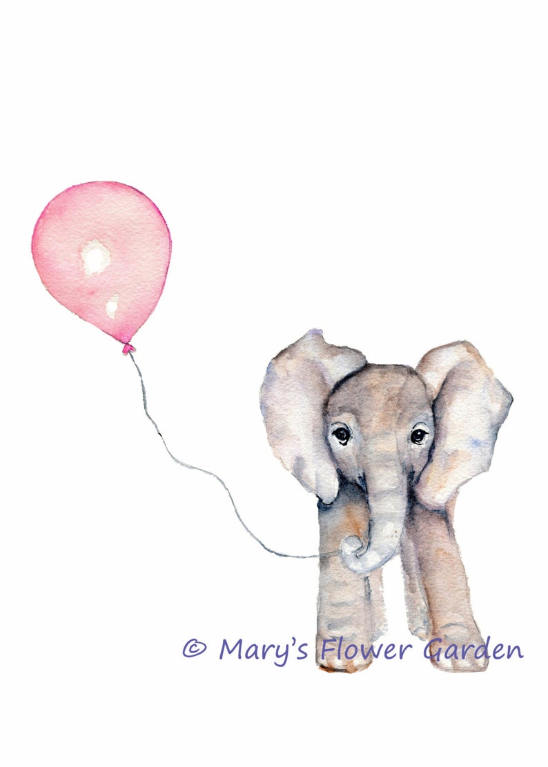 May include: A watercolor painting of a gray elephant holding a pink balloon. The elephant is looking at the viewer with its large ears and trunk. The text "&copy; Mary's Flower Garden" is at the bottom of the image.