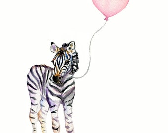 Baby girl gift, Zebra and pink balloon- Girls room decor, baby girl wall decor, zebra art, childrens wall art, girls art prints