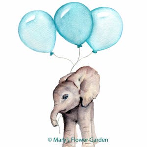 Peut inclure: Une peinture &agrave; l'aquarelle d'un b&eacute;b&eacute; &eacute;l&eacute;phant tenant trois ballons bleus. L'&eacute;l&eacute;phant se tient debout sur ses pattes arri&egrave;re et regarde les ballons. Le fond est blanc.