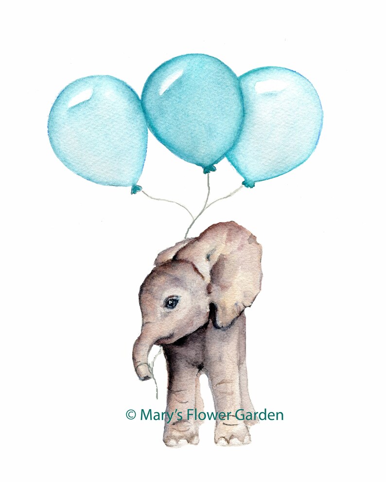 Peut inclure: Une peinture &agrave; l'aquarelle d'un b&eacute;b&eacute; &eacute;l&eacute;phant tenant trois ballons bleus. L'&eacute;l&eacute;phant se tient debout sur ses pattes arri&egrave;re et regarde les ballons. Le fond est blanc.