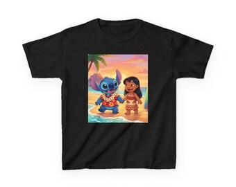 Lilo and Stitch Beach Scene Kids Tee | Hawaiian Sunset Cartoon Shirt
