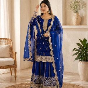 Conjunto de kurta palazzo de seda con dupatta, traje de fiesta con bordado de lentejuelas.