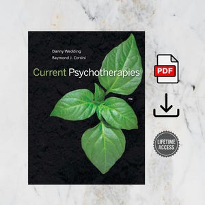 May include: Book cover for "Current Psychotherapies" by Danny Wedding and Raymond J. Corsini, featuring a green plant against a black background. Includes a PDF icon, a download arrow, and a "Lifetime Access" badge.