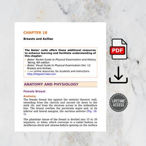 May include: A textbook page titled "Breasts and Axillae" with anatomical text and a PDF icon. The page includes a section on female breast anatomy, with a "Lifetime Access" badge and a download arrow icon.