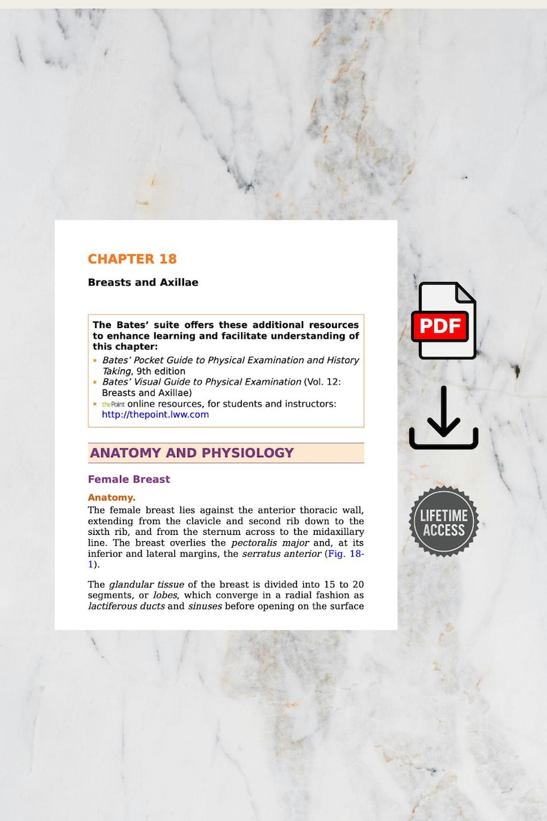 May include: A textbook page titled "Breasts and Axillae" with anatomical text and a PDF icon. The page includes a section on female breast anatomy, with a "Lifetime Access" badge and a download arrow icon.