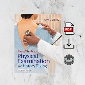 以下が含まれることがあります： Lynn S. Bickley著「Bates' Guide to Physical Examination and History Taking」というタイトルの医学教科書の画像。医師が患者に聴診器を使用しています。画像にはPDFアイコンと「Lifetime Access」バッジが含まれています。