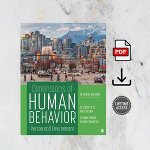 May include: A book cover with the title "Dimensions of Human Behavior" and the subtitle "Person and Environment." The cover features a cityscape with mountains in the background. Includes a PDF icon and a "Lifetime Access" badge.