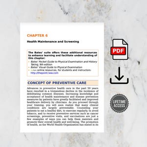 May include: A page from a textbook on health maintenance and screening. The text includes information on preventive care, with a PDF icon and a "Lifetime Access" badge. The chapter is titled "Chapter 6" and includes a list of resources.