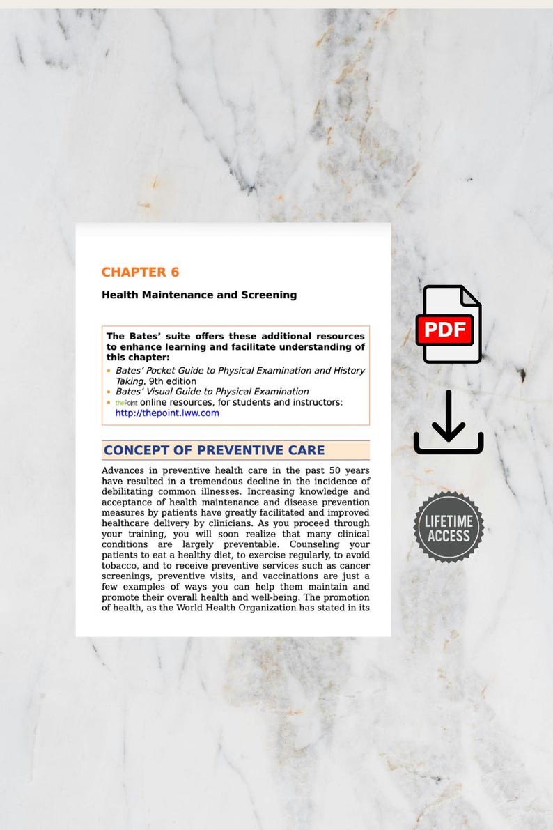 May include: A page from a textbook on health maintenance and screening. The text includes information on preventive care, with a PDF icon and a "Lifetime Access" badge. The chapter is titled "Chapter 6" and includes a list of resources.