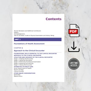 May include: A digital document with the title "Contents" and a PDF icon. The document includes a table of contents for a health assessment guide, with sections on clinical encounters and health disparities. A "Lifetime Access" badge is also visible.