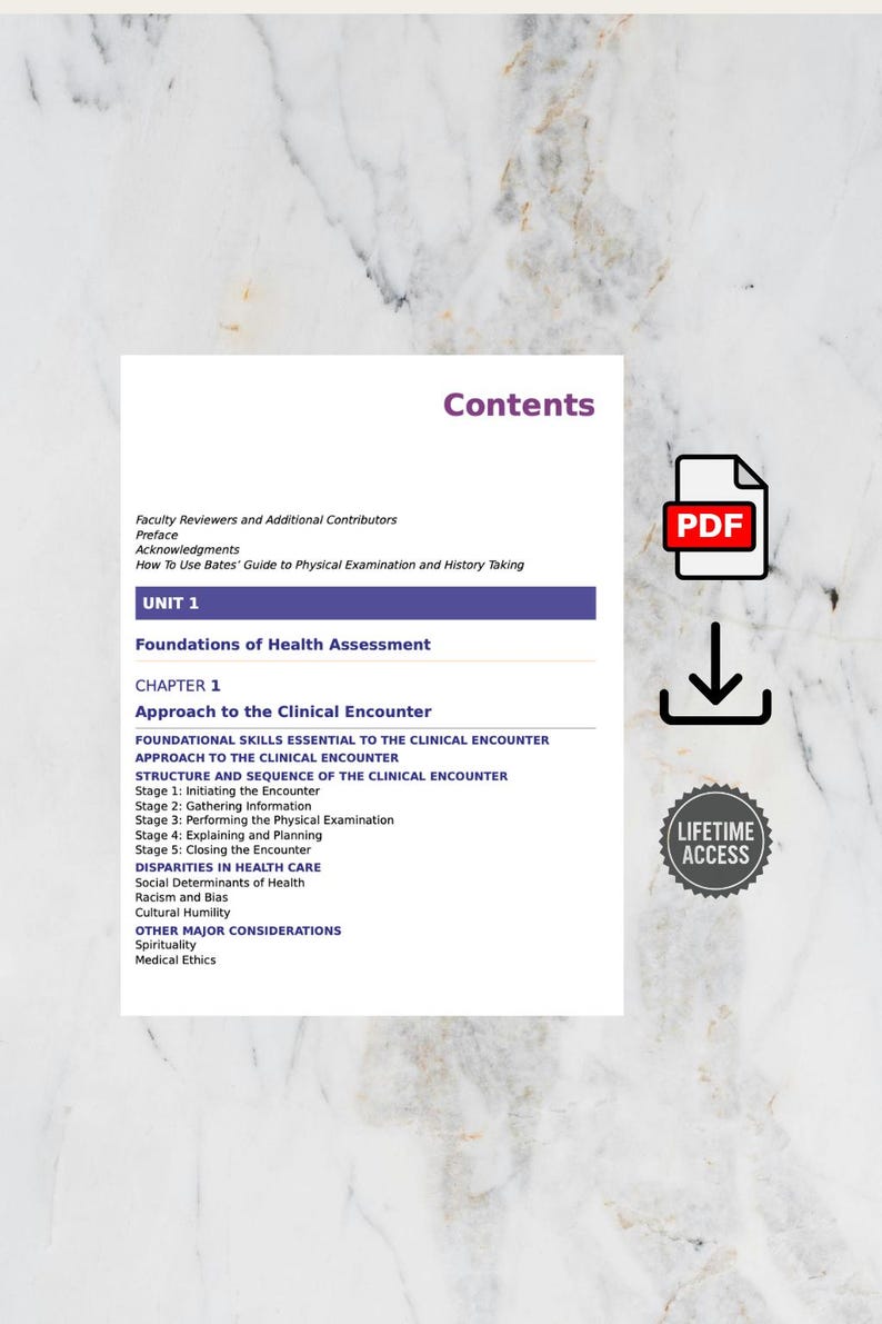 May include: A digital document with the title "Contents" and a PDF icon. The document includes a table of contents for a health assessment guide, with sections on clinical encounters and health disparities. A "Lifetime Access" badge is also visible.