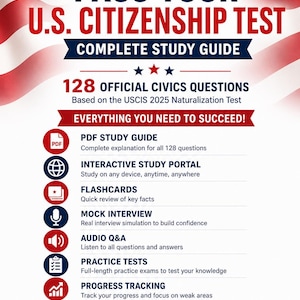 Può includere: Una guida allo studio edizione 2026 per il test di cittadinanza statunitense con la bandiera americana. Include 128 domande civiche ufficiali, una guida PDF, un portale interattivo, flashcard, simulazioni di colloquio e test di pratica.