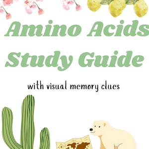 May include: A study guide titled "Amino Acids Study Guide" with visual memory clues. The image features illustrations of a cactus, a map, and a polar bear. Floral and lemon illustrations are at the top.