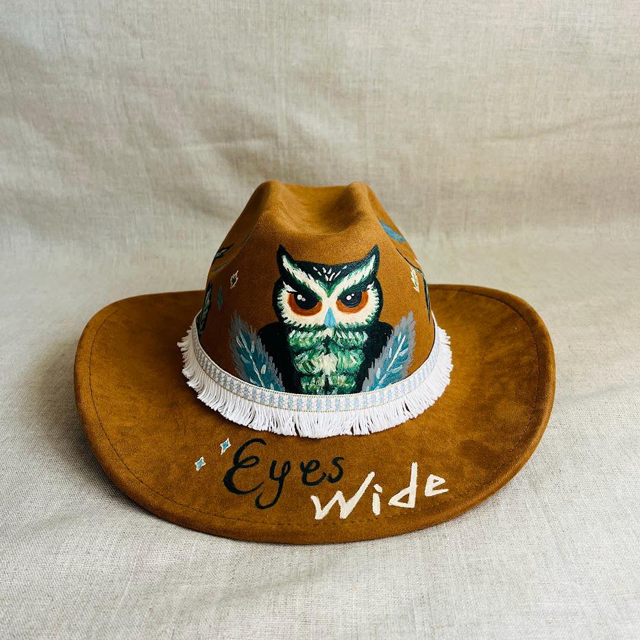 Hand-Painted Owl Cowboy Hat – Boho Western Hat with Moon & Nature Details, One-of-a-Kind