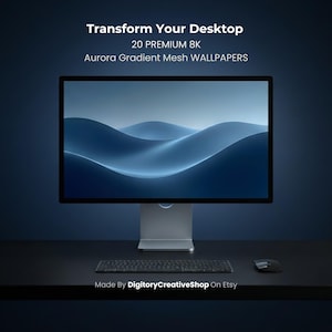 Può includere: Un monitor per computer che mostra uno sfondo con gradiente aurora blu. Il testo sopra recita: Transform Your Desktop 20 PREMIUM 8K Aurora Gradient Mesh WALLPAPERS. Il testo sotto recita: Made By DigitoryCreativeShop On Etsy.