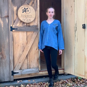 Women’s repurposed denim blouse/ Reinvented shirt blouse/ Sustainably made/ Women’s blouse/ Denim blouse