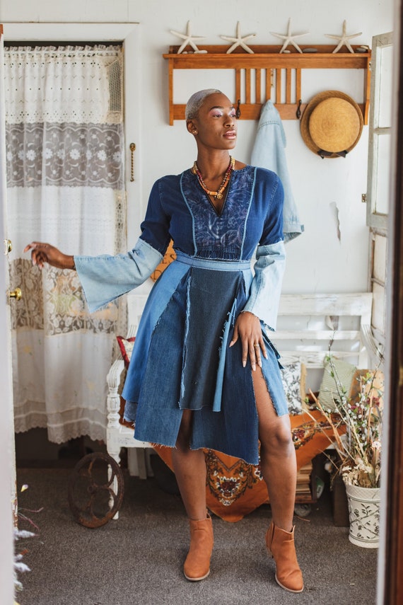 Denim Reconstructed Boho Bell Sleeves Dress Denim Reconstructed Boho Bell Sleeves Dress