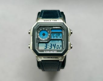 Custom Casio AE1200 Blue Gradient Mod – Genuine Leather Strap Watch