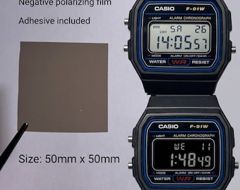 Negative Polarizing Film For Customizing Digital Watches. Blackout Mod For Casio. Dimensions: 50mm x 50mm / 2.0" x 2.0"