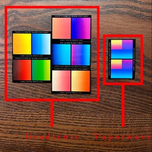 May include: A collection of stickers with vibrant gradient designs in shades of yellow, blue, red, and green. Each sticker features the text "CASIO FILTERS BY KLOKK.ETSY.SHOP" and "CUT ALONG BLACK LINES". The stickers are arranged on a wooden surface.