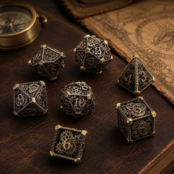Steampunk Metal Dice Set, Gear Polyhedral DND Dice for Tabletop RPG, 7 Piece Mechanical Dice Gift for Gamer