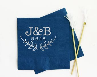 Monogram Wedding Napkins Personalized Napkins Navy Blue and Silver Party Supplies Monogrammed Cocktail Napkins Rehearsal Dinner Napkins