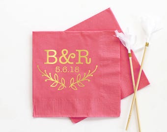 Personalized Napkins for Wedding Monogram Cocktail Napkins Custom Printed Napkins Coral and Gold Foil Napkins Monogrammed Party Supplies