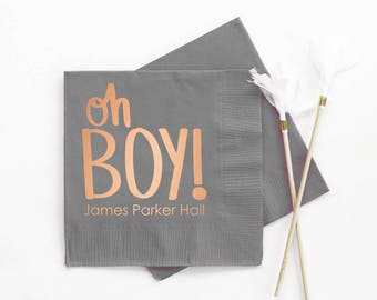Boy Baby Shower Napkins Personalized Napkins Baby Shower Decorations for Boy Custom Printed Beverage Napkins Oh Boy Party Supplies Copper