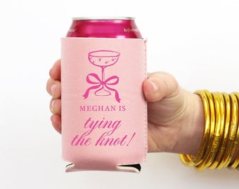 Tying the Knot Bachelorette Party Favors - Pink Bow Decorations - Personalized Bridal Shower Can Coolers