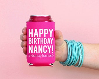 60th Birthday Decorations Personalized Can Cooler 40th Party Favors 50th Birthday Party 30th Beer Holder