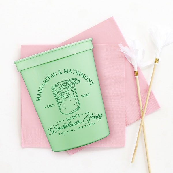 Margaritas and Matrimony Cups - Personalized Bachelorette Party Favors and Decorations - Custom Printed Cups