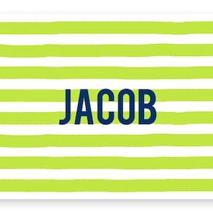 May include: A green and white striped background with the name "JACOB" in blue text.