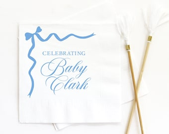 Blue Bow Personalized Napkins for Baby Boy Shower - Available in Beverage, Luncheon, Dinner, and Guest Towel Size