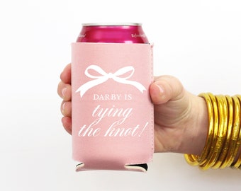 She's Tying the Knot Bachelorette Party Favors - Bow Bridal Shower Decorations - Personalized Can Coolers